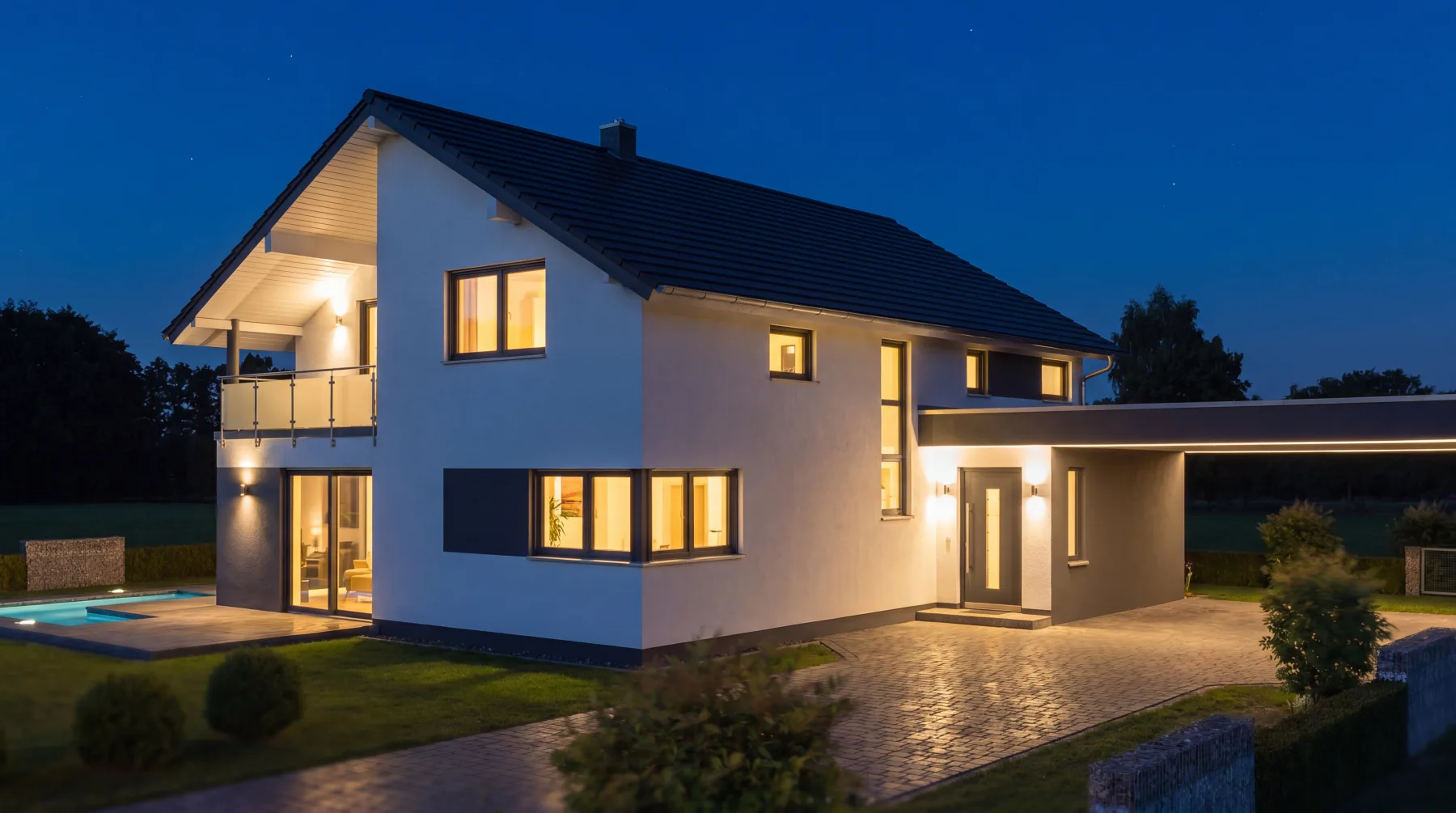 Modernes Haus bei Nacht mit beleuchteten Fenstern